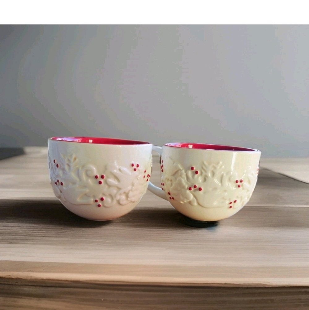 Starbucks 2008 Collectable 12oz Holiday Mugs Embossed Holly Doves Set of 2